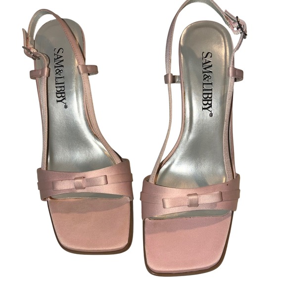 Sam‎ & Libby Womens 6M Marine Pink Satin Square Toe Bow Slingback Heels Retro - Picture 2 of 9